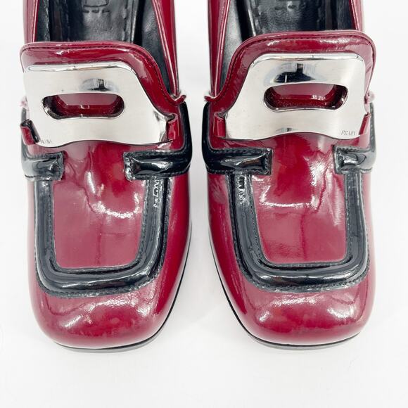 Prada Fall 2010 Burgundy Patent Leather Loafer Square Toe Block Heels IT 39.5 - Picture 7 of 16